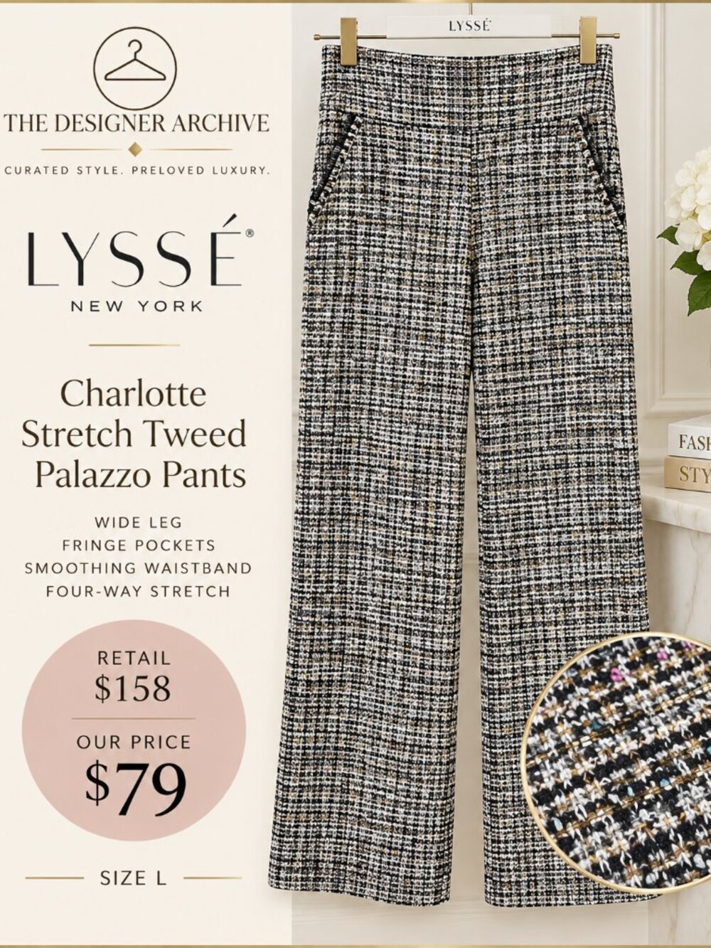 LYSSĆ Charlotte Stretch Tweed Palazzo Pants Wide Leg Size L